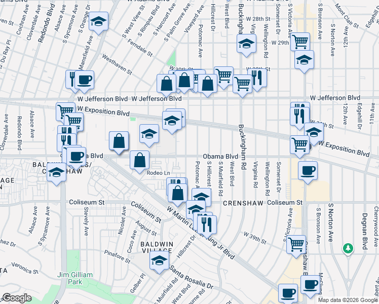 map of restaurants, bars, coffee shops, grocery stores, and more near 4600 Obama Boulevard in Los Angeles