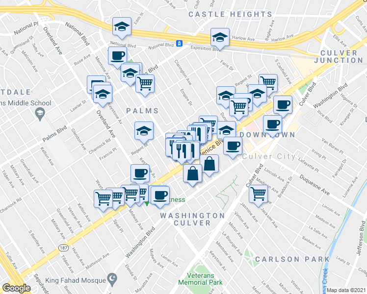 map of restaurants, bars, coffee shops, grocery stores, and more near 3760 Motor Avenue in Los Angeles