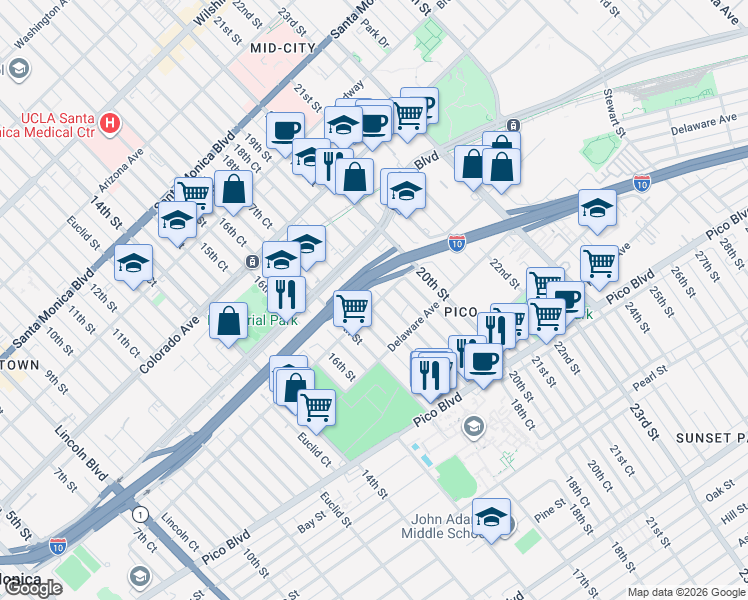 map of restaurants, bars, coffee shops, grocery stores, and more near 1818 18th Court in Santa Monica