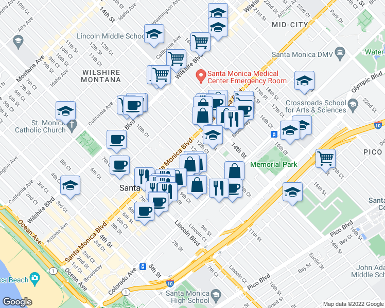 map of restaurants, bars, coffee shops, grocery stores, and more near 1448 12th Street in Santa Monica