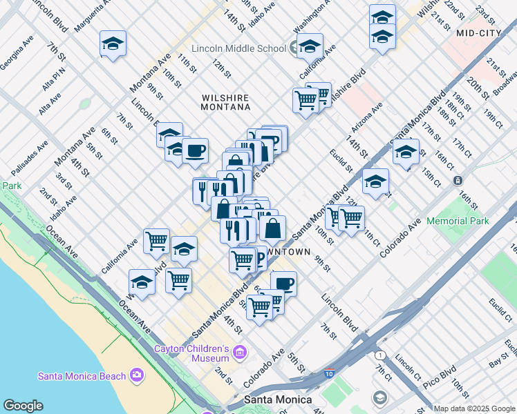 map of restaurants, bars, coffee shops, grocery stores, and more near 1264 Lincoln Court in Santa Monica
