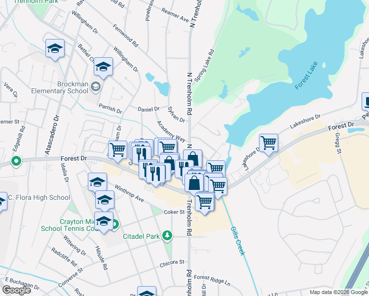 map of restaurants, bars, coffee shops, grocery stores, and more near 5317 Trenholm Road in Columbia