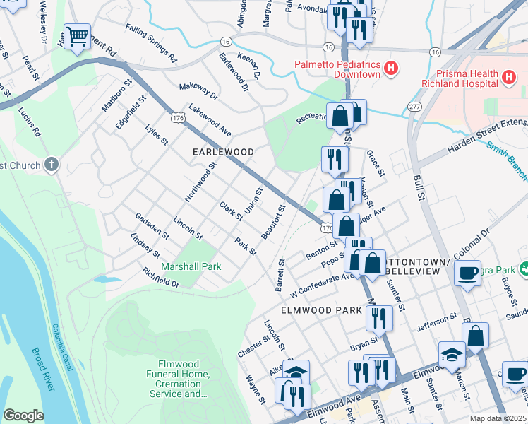 map of restaurants, bars, coffee shops, grocery stores, and more near 1101 Beaufort Street in Columbia