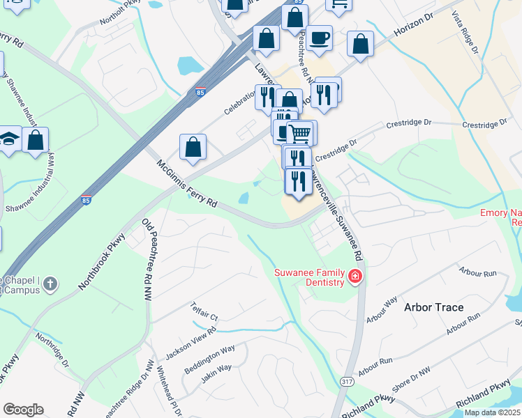 map of restaurants, bars, coffee shops, grocery stores, and more near 2730 McGinnis Ferry Road in Suwanee