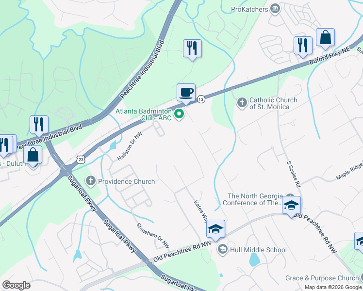 map of restaurants, bars, coffee shops, grocery stores, and more near 1871 Calvin Drive in Duluth