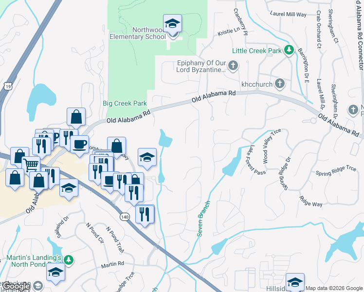 map of restaurants, bars, coffee shops, grocery stores, and more near 1380 Terramont Drive in Roswell