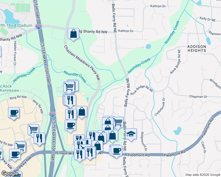 map of restaurants, bars, coffee shops, grocery stores, and more near 2754 Prado Lane in Marietta