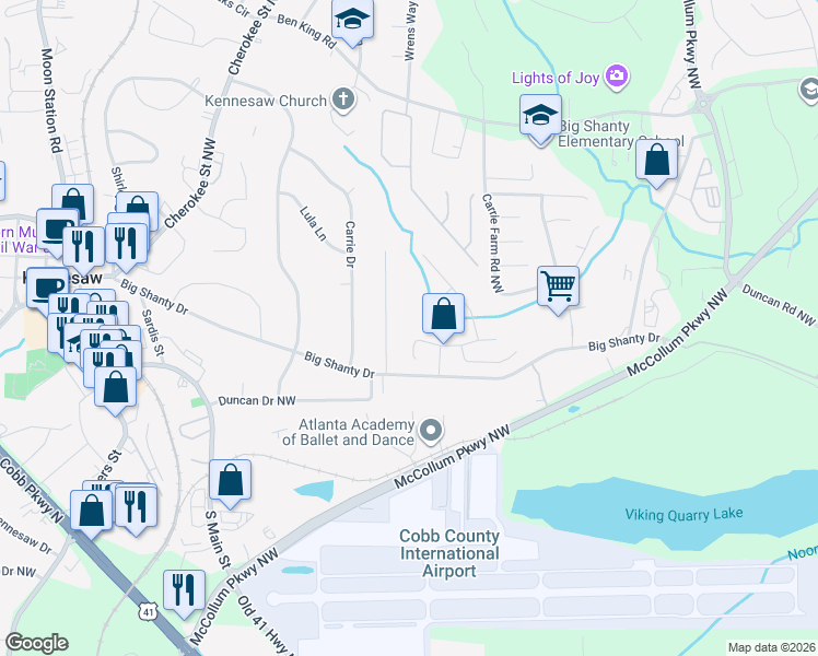 map of restaurants, bars, coffee shops, grocery stores, and more near 1728 English Ivey Lane in Kennesaw