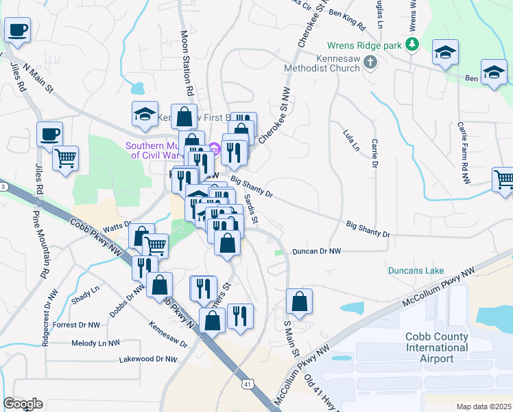 map of restaurants, bars, coffee shops, grocery stores, and more near 2790 Sardis Street in Kennesaw