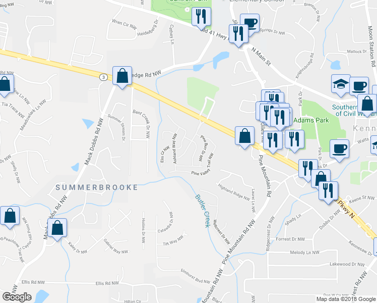 map of restaurants, bars, coffee shops, grocery stores, and more near 26 Hickory Knoll Trail Northwest in Kennesaw