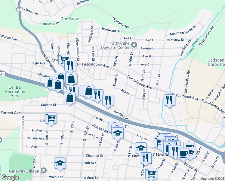 map of restaurants, bars, coffee shops, grocery stores, and more near 402 Evans Street in Gadsden
