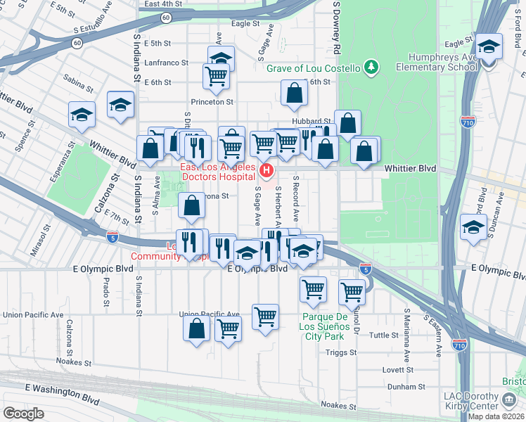 map of restaurants, bars, coffee shops, grocery stores, and more near 1043 South Gage Avenue in Los Angeles