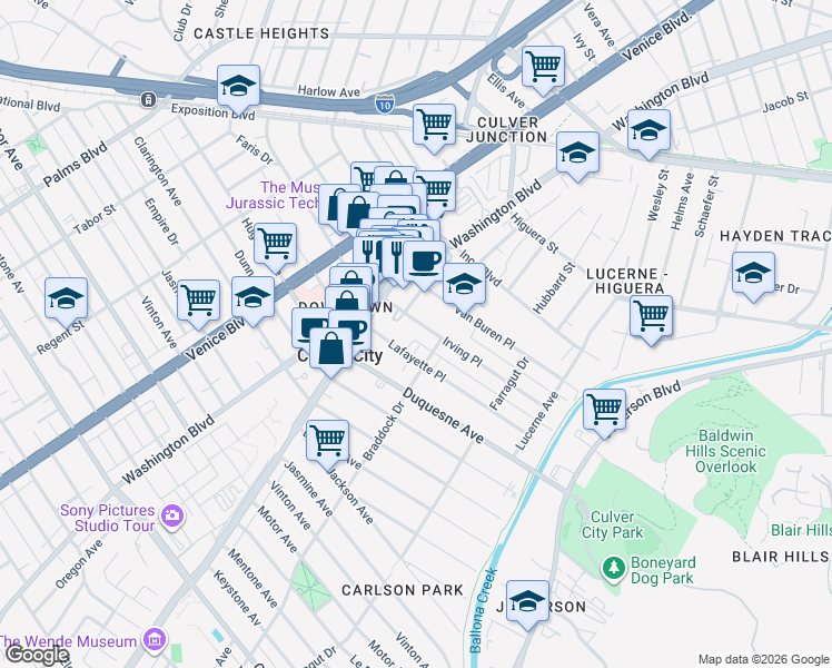 map of restaurants, bars, coffee shops, grocery stores, and more near 4071 Irving Place in Culver City