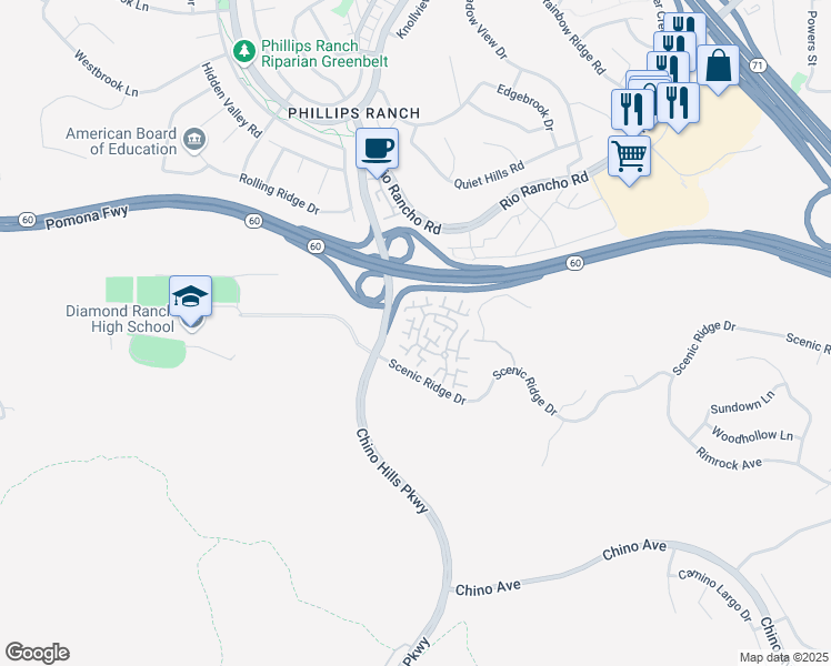 map of restaurants, bars, coffee shops, grocery stores, and more near 27 Stony Point Place in Pomona