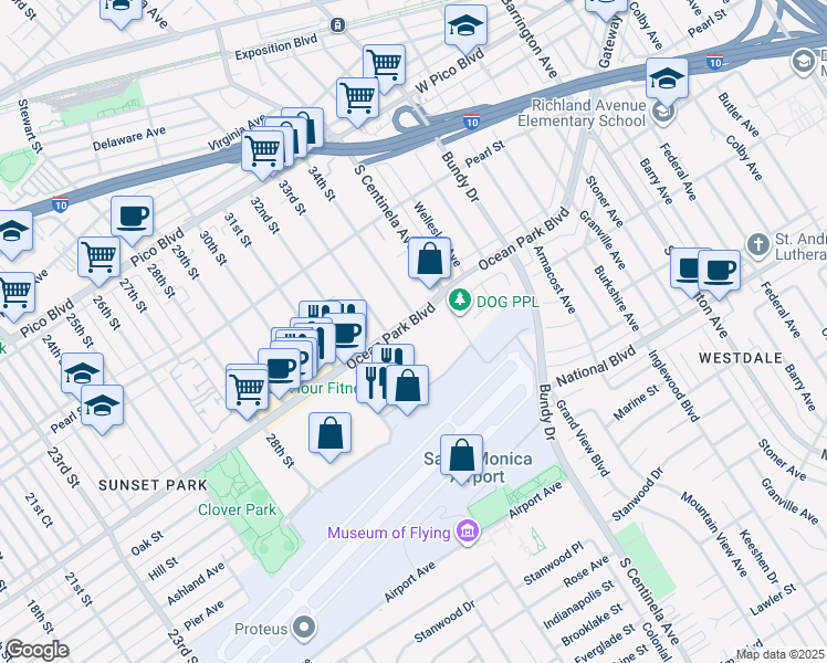 map of restaurants, bars, coffee shops, grocery stores, and more near 3320 Ocean Park Boulevard in Santa Monica