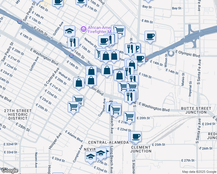 map of restaurants, bars, coffee shops, grocery stores, and more near 1611 East Washington Boulevard in Los Angeles