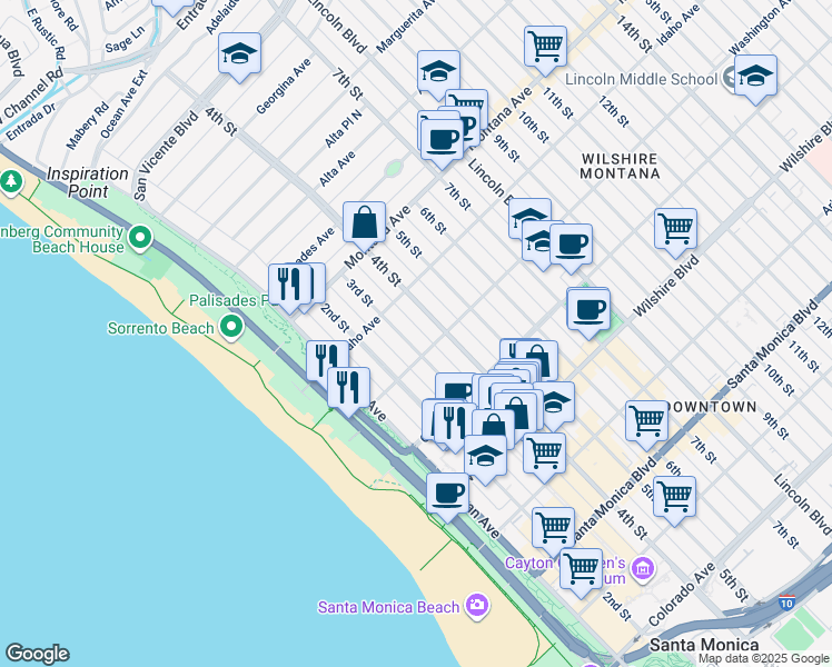 map of restaurants, bars, coffee shops, grocery stores, and more near 937 3rd Street in Santa Monica