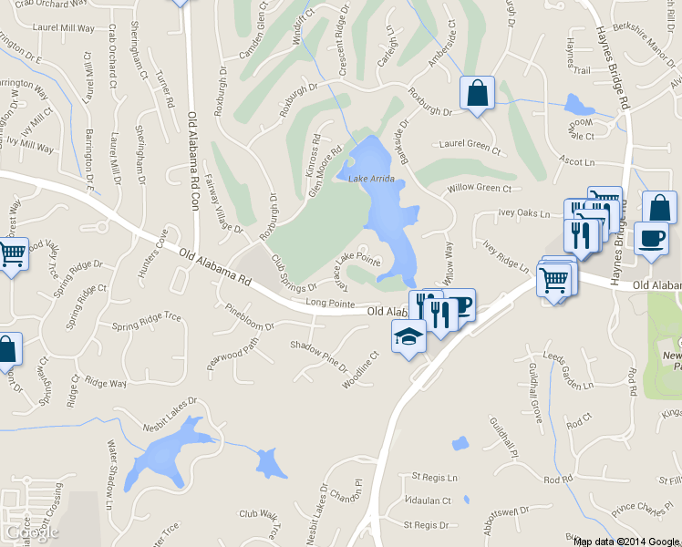map of restaurants, bars, coffee shops, grocery stores, and more near 9775 Terrace Lake Point in Roswell