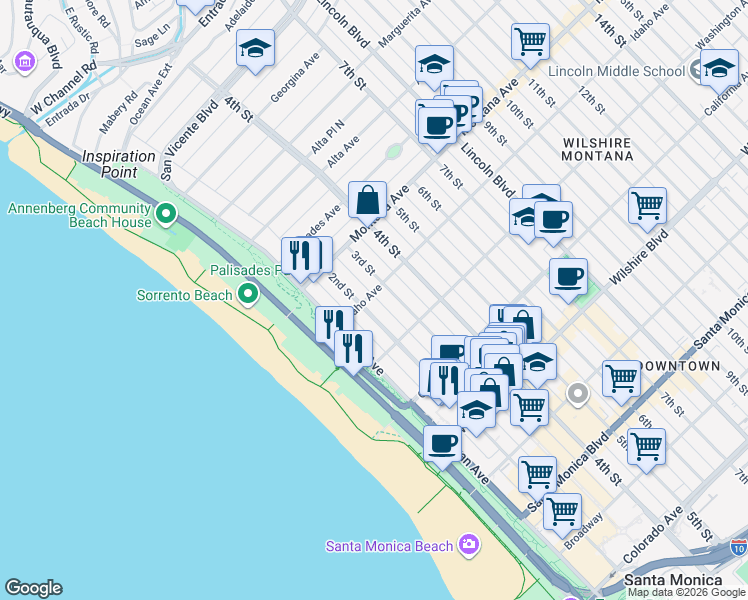 map of restaurants, bars, coffee shops, grocery stores, and more near 911 2nd Street in Santa Monica