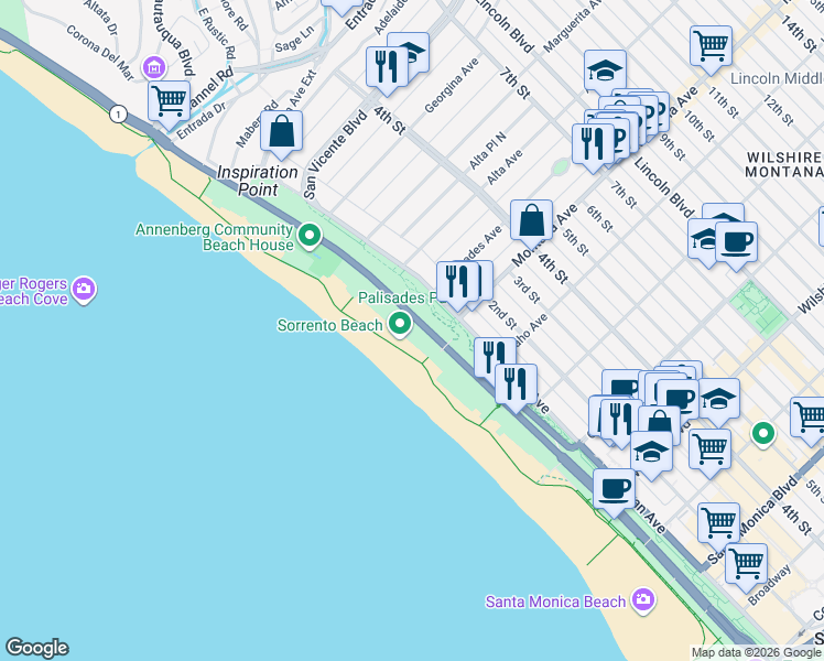 map of restaurants, bars, coffee shops, grocery stores, and more near 705 Palisades Beach Road in Santa Monica