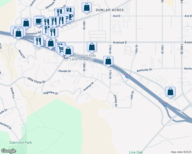 map of restaurants, bars, coffee shops, grocery stores, and more near 31840 Florida Street in Redlands