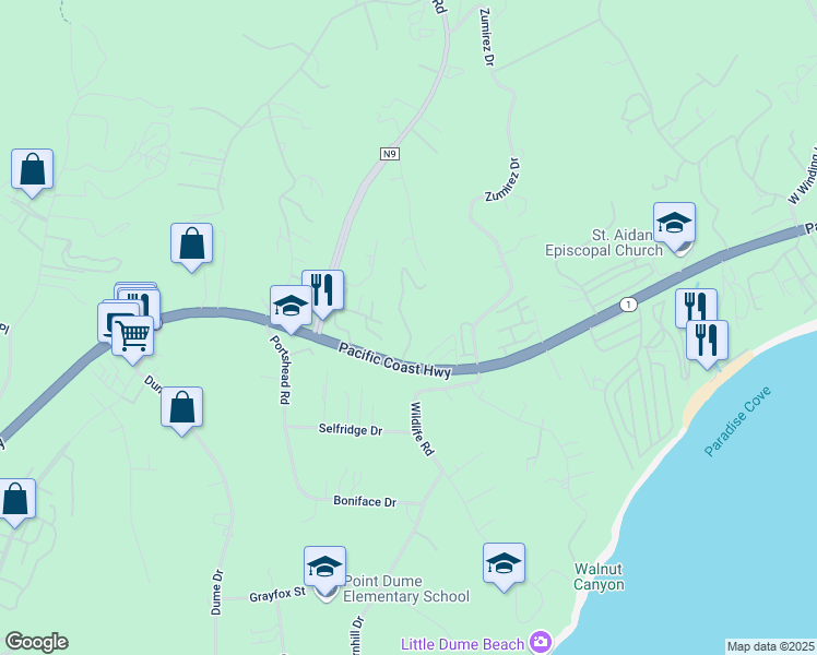 map of restaurants, bars, coffee shops, grocery stores, and more near 28807 Pacific Coast Highway in Malibu