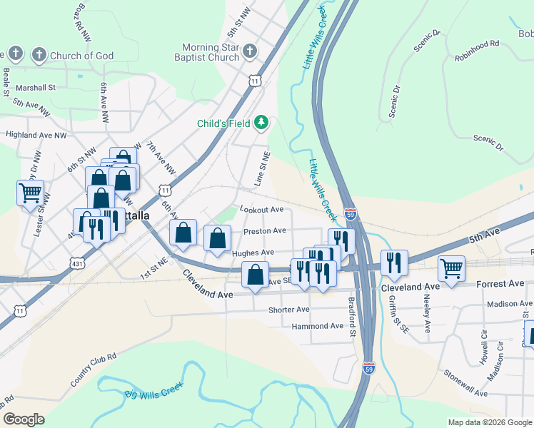map of restaurants, bars, coffee shops, grocery stores, and more near 401 Lookout Avenue in Attalla