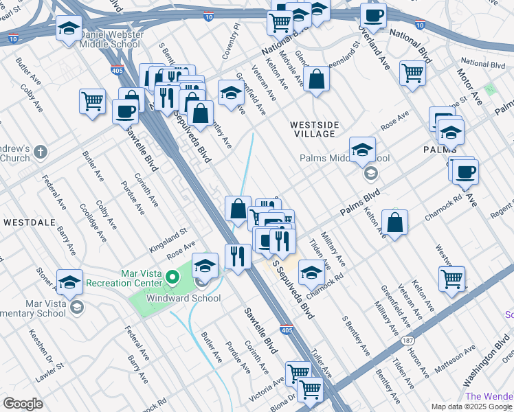 map of restaurants, bars, coffee shops, grocery stores, and more near 11131 Rose Avenue in Los Angeles
