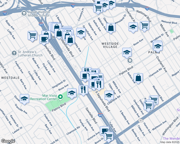 map of restaurants, bars, coffee shops, grocery stores, and more near 11131 Rose Avenue in Los Angeles