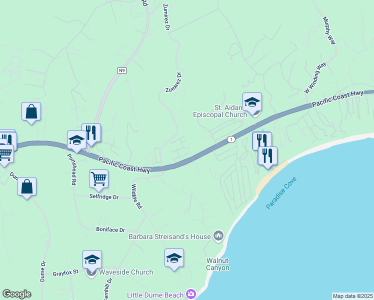 map of restaurants, bars, coffee shops, grocery stores, and more near 6457 Zuma View Place in Malibu
