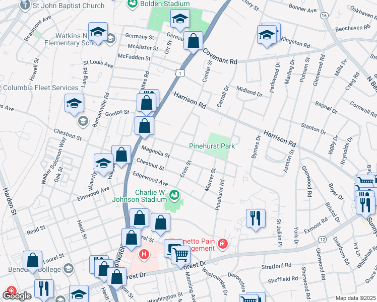 map of restaurants, bars, coffee shops, grocery stores, and more near 2718 School House Road in Columbia