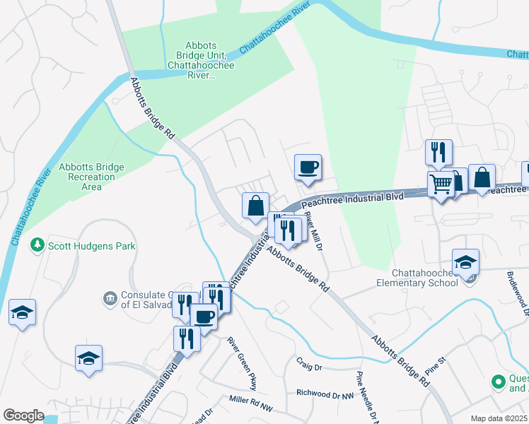 map of restaurants, bars, coffee shops, grocery stores, and more near 3282 Hartford Mill Drive in Duluth