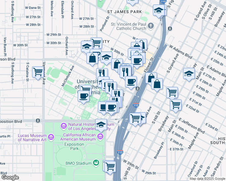 map of restaurants, bars, coffee shops, grocery stores, and more near 649 West 34th Street in Los Angeles