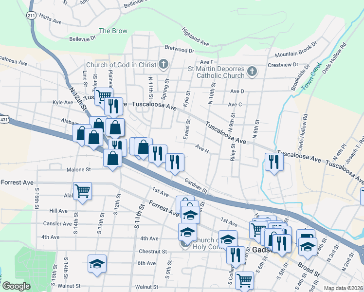map of restaurants, bars, coffee shops, grocery stores, and more near 402 Evans Street in Gadsden