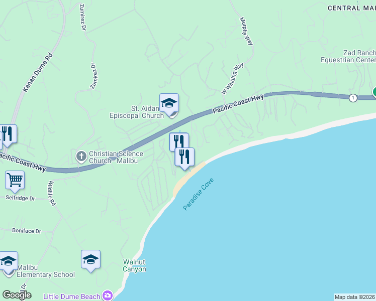 map of restaurants, bars, coffee shops, grocery stores, and more near 185 Paradise Cove Road in Malibu