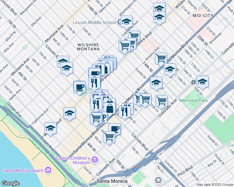 map of restaurants, bars, coffee shops, grocery stores, and more near 1314 10th Street in Santa Monica