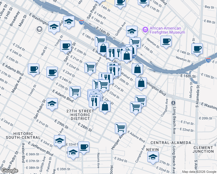 map of restaurants, bars, coffee shops, grocery stores, and more near 2116 South Central Avenue in Los Angeles