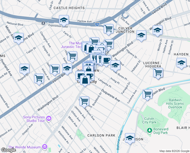 map of restaurants, bars, coffee shops, grocery stores, and more near 4031 Lafayette Place in Culver City