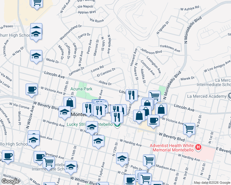 map of restaurants, bars, coffee shops, grocery stores, and more near 1323 West Lincoln Avenue in Montebello