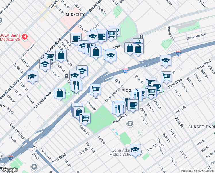 map of restaurants, bars, coffee shops, grocery stores, and more near 1818 18th Court in Santa Monica