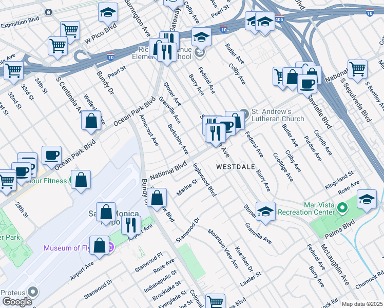 map of restaurants, bars, coffee shops, grocery stores, and more near 12007 National Boulevard in Los Angeles