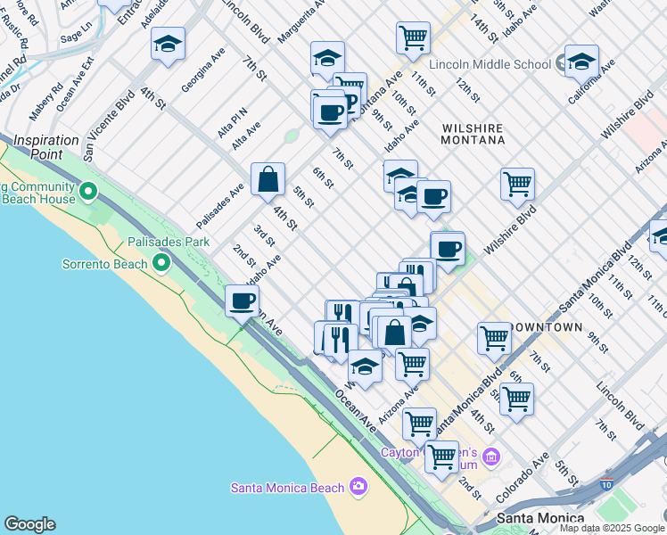 map of restaurants, bars, coffee shops, grocery stores, and more near 4th St & Washington Ave in Santa Monica
