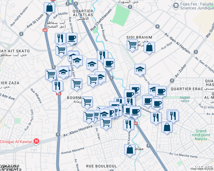 map of restaurants, bars, coffee shops, grocery stores, and more near Avenue Moulay Rachid in Fes