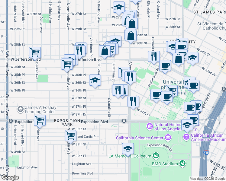 map of restaurants, bars, coffee shops, grocery stores, and more near in Los Angeles