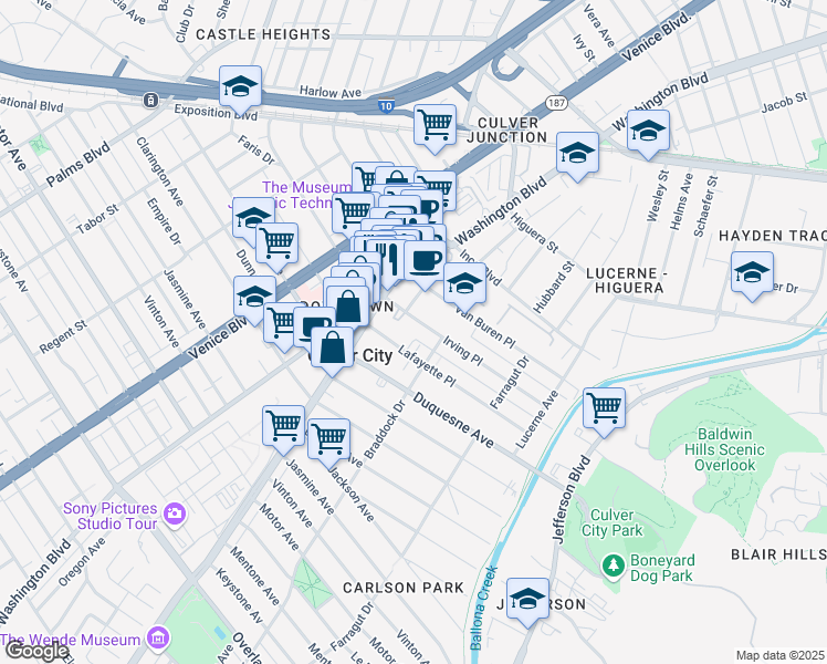 map of restaurants, bars, coffee shops, grocery stores, and more near 4045 Irving Place in Culver City