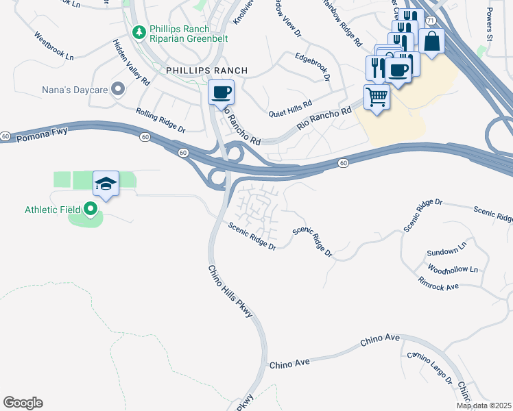 map of restaurants, bars, coffee shops, grocery stores, and more near 8 Mesquite Place in Pomona