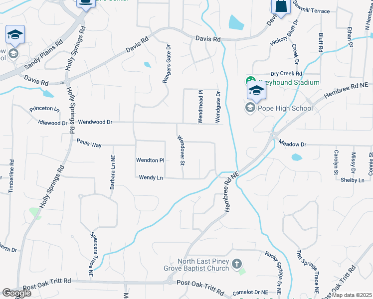 map of restaurants, bars, coffee shops, grocery stores, and more near 2934 Wendover Street in Marietta
