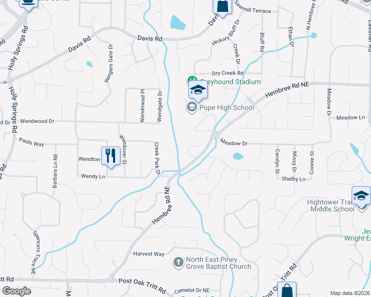 map of restaurants, bars, coffee shops, grocery stores, and more near 2921 Ansley Manor Court in Marietta