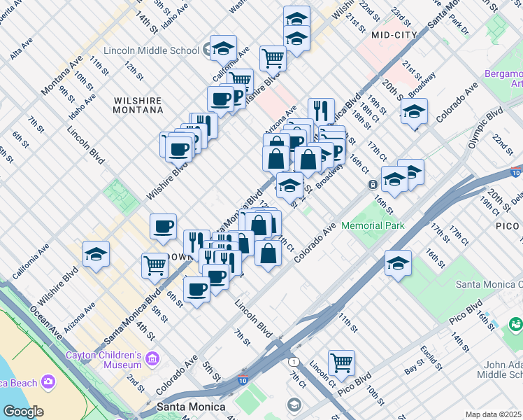 map of restaurants, bars, coffee shops, grocery stores, and more near 1448 12th Street in Santa Monica