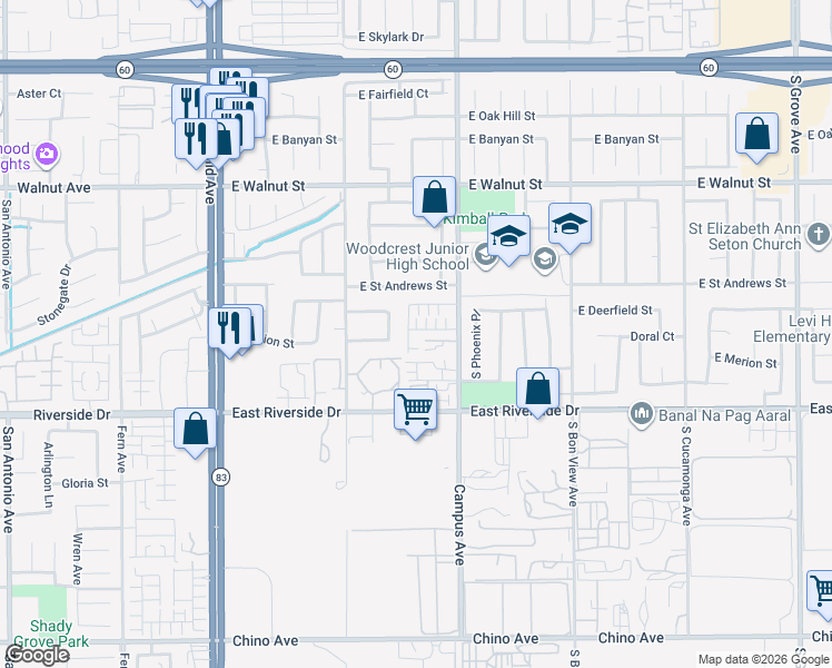 map of restaurants, bars, coffee shops, grocery stores, and more near 608 Joseph Privado in Ontario